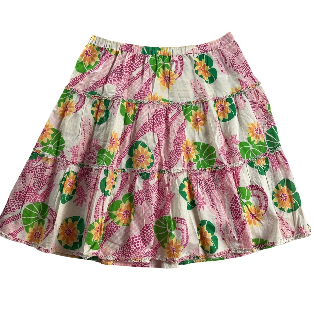 Lilly Pulitzer Tiered Cotton Skirt Pink Green Floral Elastic Waist L